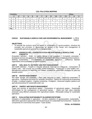 387
COs- POs & PSOs MAPPING
CES332 SUSTAINABLE AGRICULTURE AND ENVIRONMENTAL MANAGEMENT L T P C
3 0 0 3
OBJECTIVES:
• To educate the students about the issues of sustainability in agroecosystems, introduce the
concepts and principles of agroecology as applied to the design and management of
sustainable agricultural systems for a changing world.
UNIT I AGROECOLOGY, AGROECOSYSTEM AND SUSTAINABLE AGRICULTURE
CONCEPTS 9
Ecosystem definition - Biotic Vs. abiotic factors in an ecosystem - Ecosystem processes -
Ecological services and agriculture - Problems associated with industrial agriculture/food systems -
Defining sustainability - Characteristics of sustainable agriculture - Difference between
regenerative and sustainable agriculture systems
UNIT II SOIL HEALTH, NUTRIENT AND PEST MANAGEMENT 9
Soil health definition - Factors to consider (physical, chemical and biological) - Composition of
healthy soils - Soil erosion and possible control measures - Techniques to build healthy soil -
Management practices for improving soil nutrient - Ecologically sustainable strategies for pest and
disease control
UNIT III WATER MANAGEMENT 9
Soil water storage and availability - Plant yield response to water - Reducing evaporation in
agriculture - Earthworks and tanks for rainwater harvesting - Options for improving the productivity
of water - Localized irrigation - Irrigation scheduling - Fertigation - Advanced irrigation systems and
agricultural practices for sustainable water use
UNIT IV ENERGY AND WASTE MANAGEMENT 9
Types and sources of agricultural wastes - Composition of agricultural wastes - Sustainable
technologies for the management of agricultural wastes - Useful and high value materials
produced using different processes from agricultural wastes - Renewable energy for sustainable
agriculture
UNIT V EVALUATING SUSTAINABILITY IN AGROECOSYSTEMS 9
Indicators of sustainability in agriculture - On-farm evaluation of agroecosystem sustainability -
Alternative agriculture approaches/ farming techniques for sustainable food production - Goals and
components of a community food system - Case studies
TOTAL: 45 PERIODS
COs POs PSOs
1 2 3 4 5 6 7 8 9 10 11 12 1 2 3
1 2 1 1 2 3 1 1 2 1 1 2 1
2 3 1 3 2 1 2 2 1 1 1 2 2 2 2
3 2 2 3 1 1 1 1 1 1 1 3 1
4 3 1 3 2 2 1 3 1 1 1 1 2 2 2 2
5 3 1 2 2 2 2 3 1 1 1 2 2 3 2
Avg. 3 1 3 2 2 2 3 1 1 1 1 2 2 3 2
 