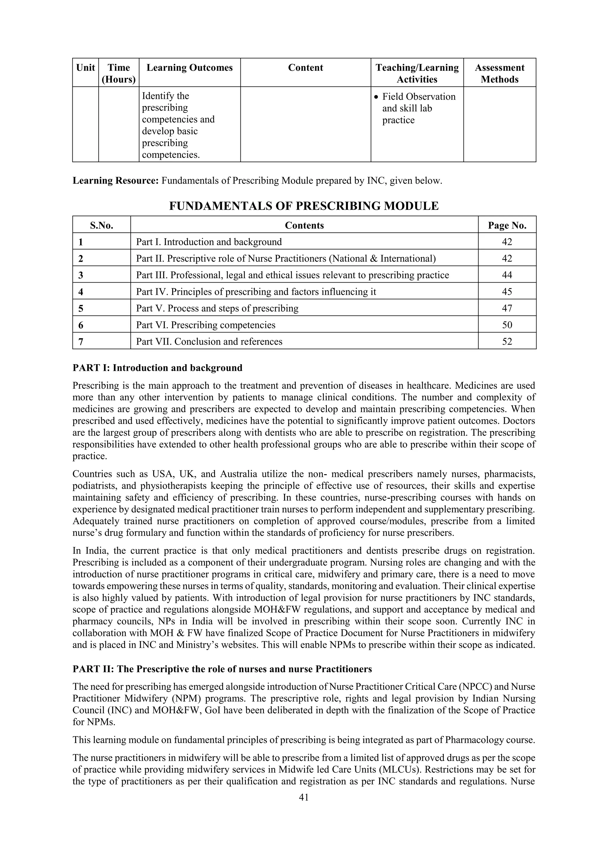 41
Unit Time
(Hours)
Learning Outcomes Content Teaching/Learning
Activities
Assessment
Methods
Identify the
prescribing
competencies and
develop basic
prescribing
competencies.
 Field Observation
and skill lab
practice
Learning Resource: Fundamentals of Prescribing Module prepared by INC, given below.
FUNDAMENTALS OF PRESCRIBING MODULE
S.No. Contents Page No.
1 Part I. Introduction and background 42
2 Part II. Prescriptive role of Nurse Practitioners (National & International) 42
3 Part III. Professional, legal and ethical issues relevant to prescribing practice 44
4 Part IV. Principles of prescribing and factors influencing it 45
5 Part V. Process and steps of prescribing 47
6 Part VI. Prescribing competencies 50
7 Part VII. Conclusion and references 52
PART I: Introduction and background
Prescribing is the main approach to the treatment and prevention of diseases in healthcare. Medicines are used
more than any other intervention by patients to manage clinical conditions. The number and complexity of
medicines are growing and prescribers are expected to develop and maintain prescribing competencies. When
prescribed and used effectively, medicines have the potential to significantly improve patient outcomes. Doctors
are the largest group of prescribers along with dentists who are able to prescribe on registration. The prescribing
responsibilities have extended to other health professional groups who are able to prescribe within their scope of
practice.
Countries such as USA, UK, and Australia utilize the non- medical prescribers namely nurses, pharmacists,
podiatrists, and physiotherapists keeping the principle of effective use of resources, their skills and expertise
maintaining safety and efficiency of prescribing. In these countries, nurse-prescribing courses with hands on
experience by designated medical practitioner train nurses to perform independent and supplementary prescribing.
Adequately trained nurse practitioners on completion of approved course/modules, prescribe from a limited
nurse’s drug formulary and function within the standards of proficiency for nurse prescribers.
In India, the current practice is that only medical practitioners and dentists prescribe drugs on registration.
Prescribing is included as a component of their undergraduate program. Nursing roles are changing and with the
introduction of nurse practitioner programs in critical care, midwifery and primary care, there is a need to move
towards empowering these nurses in terms of quality, standards, monitoring and evaluation. Their clinical expertise
is also highly valued by patients. With introduction of legal provision for nurse practitioners by INC standards,
scope of practice and regulations alongside MOH&FW regulations, and support and acceptance by medical and
pharmacy councils, NPs in India will be involved in prescribing within their scope soon. Currently INC in
collaboration with MOH & FW have finalized Scope of Practice Document for Nurse Practitioners in midwifery
and is placed in INC and Ministry’s websites. This will enable NPMs to prescribe within their scope as indicated.
PART II: The Prescriptive the role of nurses and nurse Practitioners
The need for prescribing has emerged alongside introduction of Nurse Practitioner Critical Care (NPCC) and Nurse
Practitioner Midwifery (NPM) programs. The prescriptive role, rights and legal provision by Indian Nursing
Council (INC) and MOH&FW, GoI have been deliberated in depth with the finalization of the Scope of Practice
for NPMs.
This learning module on fundamental principles of prescribing is being integrated as part of Pharmacology course.
The nurse practitioners in midwifery will be able to prescribe from a limited list of approved drugs as per the scope
of practice while providing midwifery services in Midwife led Care Units (MLCUs). Restrictions may be set for
the type of practitioners as per their qualification and registration as per INC standards and regulations. Nurse
 