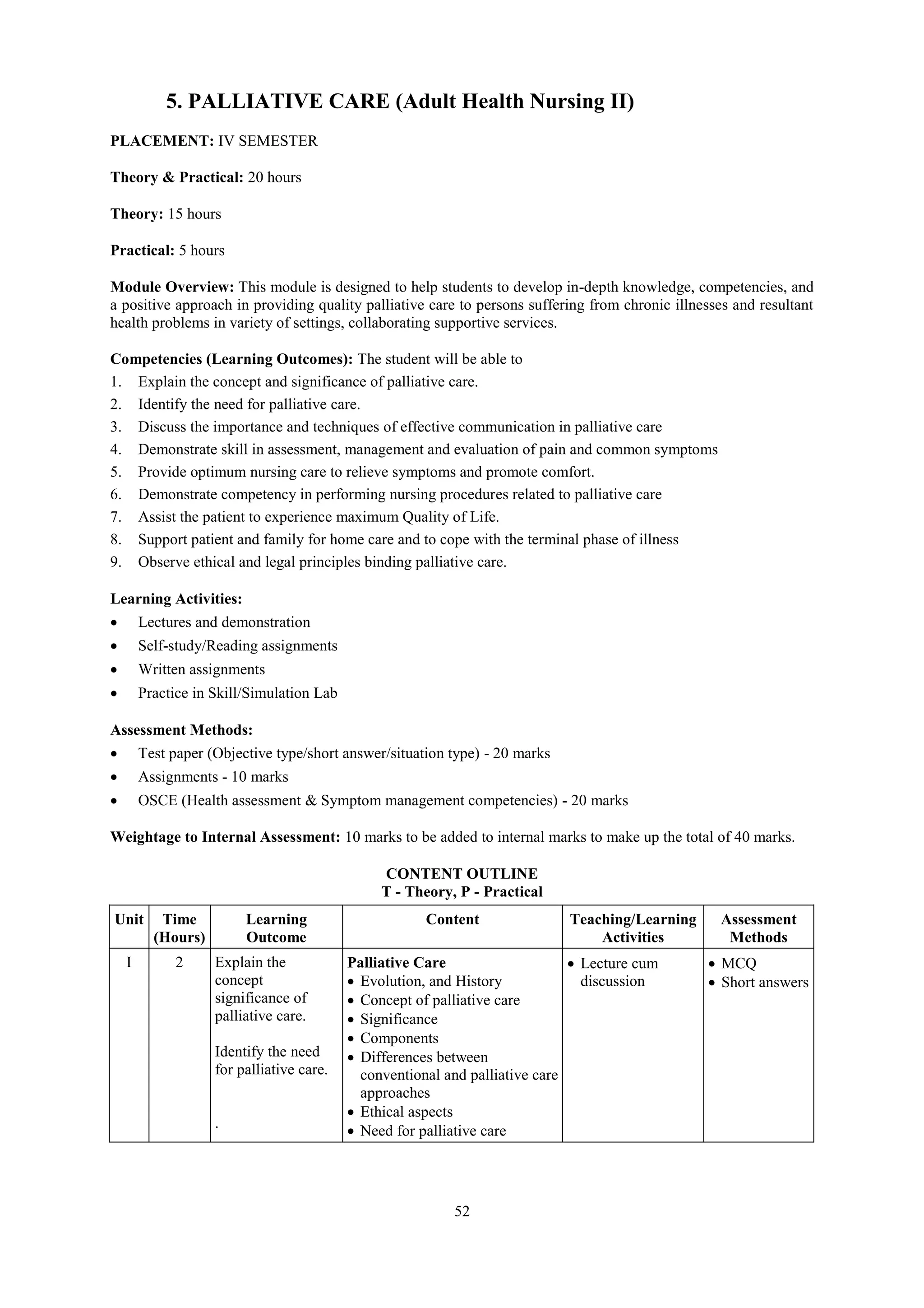 52
5. PALLIATIVE CARE (Adult Health Nursing II)
PLACEMENT: IV SEMESTER
Theory & Practical: 20 hours
Theory: 15 hours
Practical: 5 hours
Module Overview: This module is designed to help students to develop in-depth knowledge, competencies, and
a positive approach in providing quality palliative care to persons suffering from chronic illnesses and resultant
health problems in variety of settings, collaborating supportive services.
Competencies (Learning Outcomes): The student will be able to
1. Explain the concept and significance of palliative care.
2. Identify the need for palliative care.
3. Discuss the importance and techniques of effective communication in palliative care
4. Demonstrate skill in assessment, management and evaluation of pain and common symptoms
5. Provide optimum nursing care to relieve symptoms and promote comfort.
6. Demonstrate competency in performing nursing procedures related to palliative care
7. Assist the patient to experience maximum Quality of Life.
8. Support patient and family for home care and to cope with the terminal phase of illness
9. Observe ethical and legal principles binding palliative care.
Learning Activities:
 Lectures and demonstration
 Self-study/Reading assignments
 Written assignments
 Practice in Skill/Simulation Lab
Assessment Methods:
 Test paper (Objective type/short answer/situation type) - 20 marks
 Assignments - 10 marks
 OSCE (Health assessment & Symptom management competencies) - 20 marks
Weightage to Internal Assessment: 10 marks to be added to internal marks to make up the total of 40 marks.
CONTENT OUTLINE
T - Theory, P - Practical
Unit Time
(Hours)
Learning
Outcome
Content Teaching/Learning
Activities
Assessment
Methods
I 2 Explain the
concept
significance of
palliative care.
Identify the need
for palliative care.
.
Palliative Care
 Evolution, and History
 Concept of palliative care
 Significance
 Components
 Differences between
conventional and palliative care
approaches
 Ethical aspects
 Need for palliative care
 Lecture cum
discussion
 MCQ
 Short answers
 