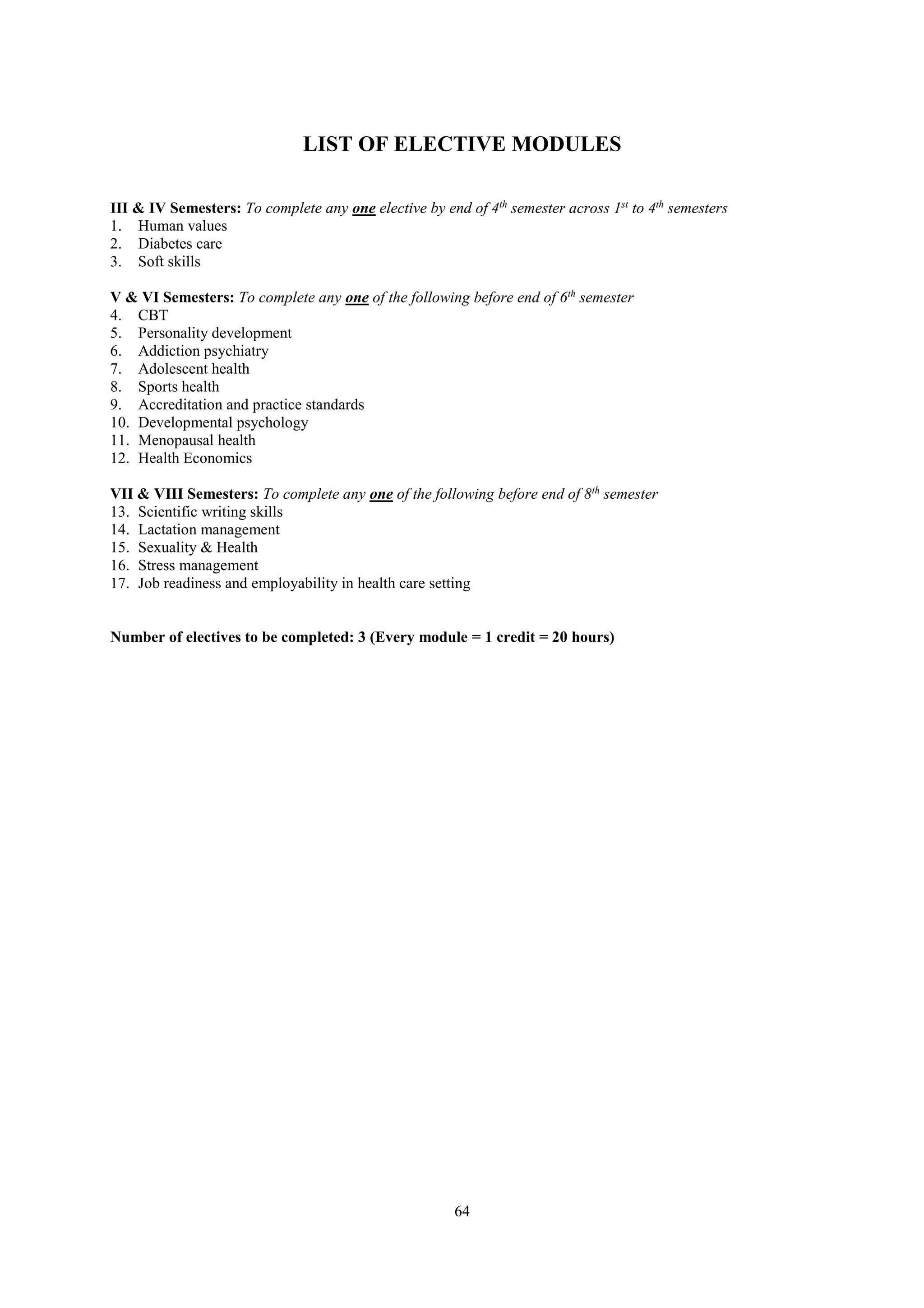 64
LIST OF ELECTIVE MODULES
III & IV Semesters: To complete any one elective by end of 4th
semester across 1st
to 4th
semesters
1. Human values
2. Diabetes care
3. Soft skills
V & VI Semesters: To complete any one of the following before end of 6th
semester
4. CBT
5. Personality development
6. Addiction psychiatry
7. Adolescent health
8. Sports health
9. Accreditation and practice standards
10. Developmental psychology
11. Menopausal health
12. Health Economics
VII & VIII Semesters: To complete any one of the following before end of 8th
semester
13. Scientific writing skills
14. Lactation management
15. Sexuality & Health
16. Stress management
17. Job readiness and employability in health care setting
Number of electives to be completed: 3 (Every module = 1 credit = 20 hours)
 