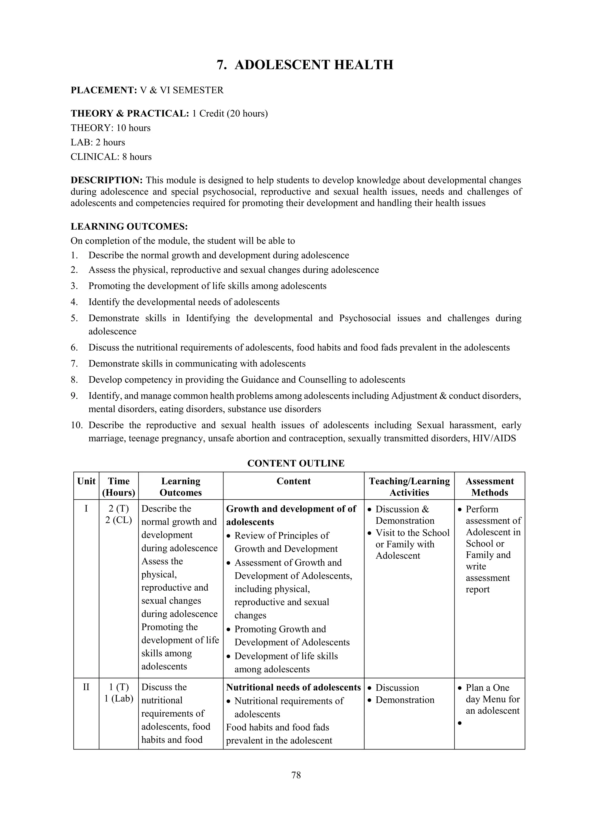 78
7. ADOLESCENT HEALTH
PLACEMENT: V & VI SEMESTER
THEORY & PRACTICAL: 1 Credit (20 hours)
THEORY: 10 hours
LAB: 2 hours
CLINICAL: 8 hours
DESCRIPTION: This module is designed to help students to develop knowledge about developmental changes
during adolescence and special psychosocial, reproductive and sexual health issues, needs and challenges of
adolescents and competencies required for promoting their development and handling their health issues
LEARNING OUTCOMES:
On completion of the module, the student will be able to
1. Describe the normal growth and development during adolescence
2. Assess the physical, reproductive and sexual changes during adolescence
3. Promoting the development of life skills among adolescents
4. Identify the developmental needs of adolescents
5. Demonstrate skills in Identifying the developmental and Psychosocial issues and challenges during
adolescence
6. Discuss the nutritional requirements of adolescents, food habits and food fads prevalent in the adolescents
7. Demonstrate skills in communicating with adolescents
8. Develop competency in providing the Guidance and Counselling to adolescents
9. Identify, and manage common health problems among adolescents including Adjustment & conduct disorders,
mental disorders, eating disorders, substance use disorders
10. Describe the reproductive and sexual health issues of adolescents including Sexual harassment, early
marriage, teenage pregnancy, unsafe abortion and contraception, sexually transmitted disorders, HIV/AIDS
CONTENT OUTLINE
Unit Time
(Hours)
Learning
Outcomes
Content Teaching/Learning
Activities
Assessment
Methods
I 2 (T)
2 (CL)
Describe the
normal growth and
development
during adolescence
Assess the
physical,
reproductive and
sexual changes
during adolescence
Promoting the
development of life
skills among
adolescents
Growth and development of of
adolescents
 Review of Principles of
Growth and Development
 Assessment of Growth and
Development of Adolescents,
including physical,
reproductive and sexual
changes
 Promoting Growth and
Development of Adolescents
 Development of life skills
among adolescents
 Discussion &
Demonstration
 Visit to the School
or Family with
Adolescent
 Perform
assessment of
Adolescent in
School or
Family and
write
assessment
report
II 1 (T)
1 (Lab)
Discuss the
nutritional
requirements of
adolescents, food
habits and food
Nutritional needs of adolescents
 Nutritional requirements of
adolescents
Food habits and food fads
prevalent in the adolescent
 Discussion
 Demonstration
 Plan a One
day Menu for
an adolescent

 