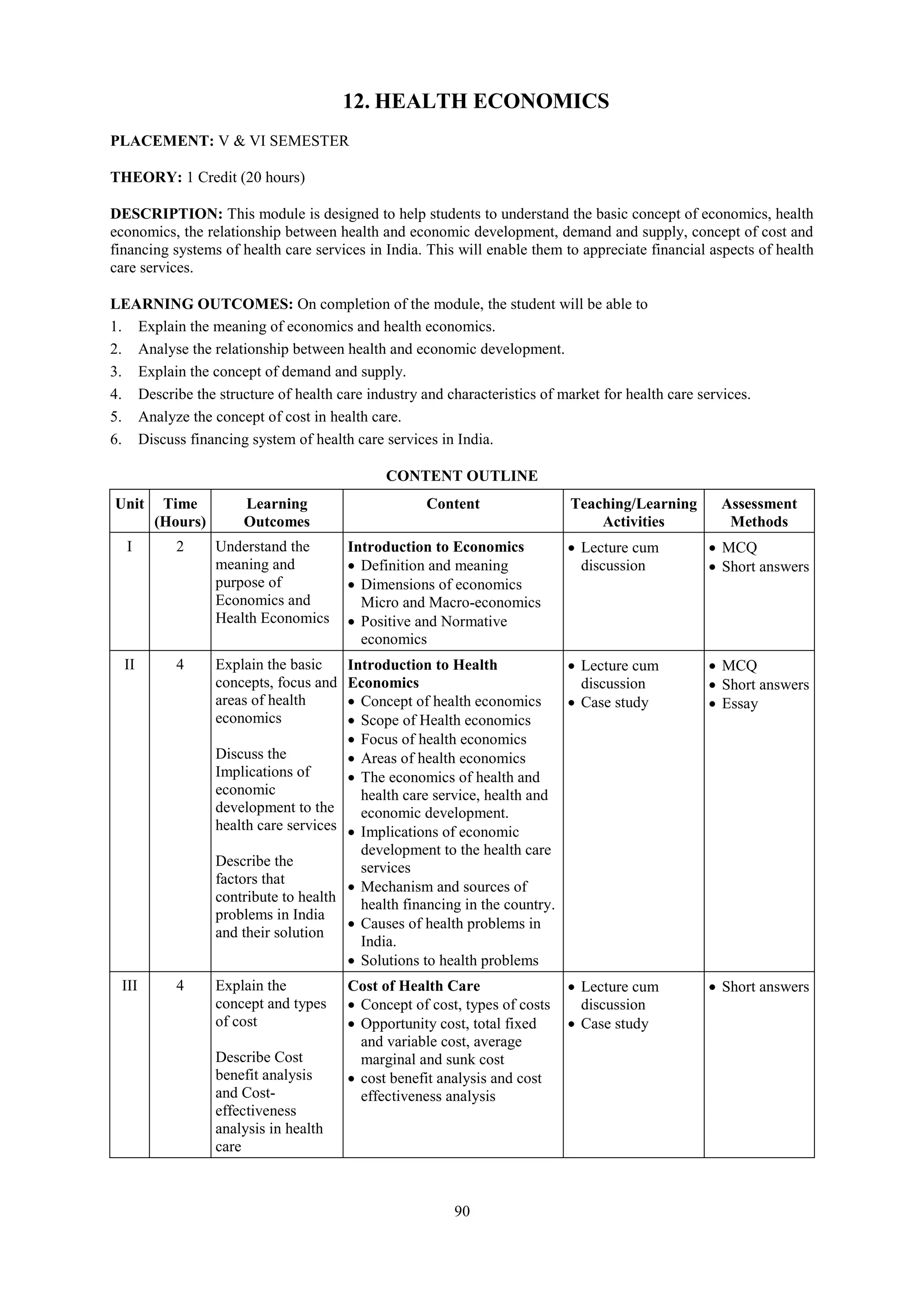 90
12. HEALTH ECONOMICS
PLACEMENT: V & VI SEMESTER
THEORY: 1 Credit (20 hours)
DESCRIPTION: This module is designed to help students to understand the basic concept of economics, health
economics, the relationship between health and economic development, demand and supply, concept of cost and
financing systems of health care services in India. This will enable them to appreciate financial aspects of health
care services.
LEARNING OUTCOMES: On completion of the module, the student will be able to
1. Explain the meaning of economics and health economics.
2. Analyse the relationship between health and economic development.
3. Explain the concept of demand and supply.
4. Describe the structure of health care industry and characteristics of market for health care services.
5. Analyze the concept of cost in health care.
6. Discuss financing system of health care services in India.
CONTENT OUTLINE
Unit Time
(Hours)
Learning
Outcomes
Content Teaching/Learning
Activities
Assessment
Methods
I 2 Understand the
meaning and
purpose of
Economics and
Health Economics
Introduction to Economics
 Definition and meaning
 Dimensions of economics
Micro and Macro-economics
 Positive and Normative
economics
 Lecture cum
discussion
 MCQ
 Short answers
II 4 Explain the basic
concepts, focus and
areas of health
economics
Discuss the
Implications of
economic
development to the
health care services
Describe the
factors that
contribute to health
problems in India
and their solution
Introduction to Health
Economics
 Concept of health economics
 Scope of Health economics
 Focus of health economics
 Areas of health economics
 The economics of health and
health care service, health and
economic development.
 Implications of economic
development to the health care
services
 Mechanism and sources of
health financing in the country.
 Causes of health problems in
India.
 Solutions to health problems
 Lecture cum
discussion
 Case study
 MCQ
 Short answers
 Essay
III 4 Explain the
concept and types
of cost
Describe Cost
benefit analysis
and Cost-
effectiveness
analysis in health
care
Cost of Health Care
 Concept of cost, types of costs
 Opportunity cost, total fixed
and variable cost, average
marginal and sunk cost
 cost benefit analysis and cost
effectiveness analysis
 Lecture cum
discussion
 Case study
 Short answers
 