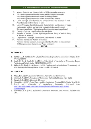 11
B.Sc. Agriculture Program (Agriculture and Forestry University/Nepal)
7. Market: Concept and characteristics of different market structures 1
8. Price and output determination under perfect competitive market
Price and output determination under monopoly market
Price and output determination under monopolistic markets
1
1
1
9. Land: concept, classification and characteristics and theories of rent -
Ricardian and modern theory of rent 1
10. Labor: Concept, classification, and characteristics and theories of wages
(subsistence, modern and marginal productivity theory of wages)
Theory of population (Malthusian and optimum theory of population)
1
1
11. Capital – Concept, classification, characteristics 1
12. Theories of interest (Keynes liquidity preference theory, Classical theory
of the rate of interest)
1
13. Organization – concept, classification, and theories of profit 1
14. National income and Welfare economics:
National income: Concept, measurement and difficulties in measurement
Welfare economics: Concept and Pareto optimality
1
1
TOTAL 30
TEXTBOOKS
1. Barkley, A., & Barkley, P. W. (2023). Principles of Agricultural Economics (4th ed.). ISBN
9781032435770.
2. Singh, C. B., & Singh, R. K. (2011). A Text Book of Agricultural Economics. Laxmi
Publications (P) Ltd., India. ISBN 9789380856339.
3. Sadhu, A. N., Singh, A., & Singh, J. (2022). Fundamentals of Agricultural Economics (11th
ed.). Himalaya Publishing House. ISBN 978-93-5202-964-8.
REFERENCES
1. Ahuja, H. L. (2005). Economic Theories: Principles and Applications.
2. Chopra, P. N. (2000). Principles of Economics. Kalyani Publishers, New Delhi.
3. Dewett, K. K. (2005). Economic Theories.
4. Hirshleifer, J. (1987). Price Theory and Its Application. Prentice Hall of India, New Delhi.
5. TNAU (ed.). Principles of Agricultural Economics. Retrieved from
https://www.agrimoon.com/wp-content/uploads/Principles-of-Agricultural-
Economics.pdf
6. McConnell, C.R. (1975). Economics: Principles, Problems, and Policies. McGraw-Hill,
USA.
 