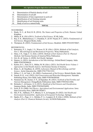 16
B.Sc. Agriculture Program (Agriculture and Forestry University/Nepal)
9. Determination of Particle density of soil 1
10. Determination of soil pH 1
11. Determination of lime requirement in acid soil 1
12. Identification of soil forming minerals 1
13. Identification of soil forming rocks 1
14. Study of soil as a natural body 1
TOTAL 15
TEXTBOOKS
1. Brady, N. C., & Weil, R. R. (2014). The Nature and Properties of Soils. Pearson. United
Kingdom.
2. Mehra, R. K. (Ed.) (2011). Textbook of Soil Science. ICAR, India.
3. Ray, S. K., Bhattacharyya, T., Chandran, P., & D C Nayak, D. C. (2023). Fundamentals of
Soil Science. Biogreen Books, India.
4. Thompson, B. (2022). Fundamentals of Soil Science. Bookfort. ISBN 9781839370847.
REFERENCES:
1. Bottomley, P. J., Angle, J. S., Weaver, R. W. (Eds.). (2014). Methods of Soil Analysis,
Part 2: Microbiological and Biochemical Properties. Wiley Publications.
2. Dane, J. H., Topp, C. G. (Eds.). (2018). Methods of Soil Analysis (Part 4): Physical
Methods. Soil Science Society of America/Wiley Publication.
3. Giri, B., & Varma, A. (2020). Soil Health. Springer.
4. Hamon, A. (2021). Introduction to Soil Microbiology. Oxford Book Company. India.
ISBN 9789350306628.
5. Karlen, D. L., Stott, D. E., Mikha, M. M. (Eds.). (2021). Soil Health Series Volume 1:
Approaches to Soil Health Analysis. Soil Science Society of America.
6. Khan, A., & Chaudhary, K. (2018). Laboratory Manual of Microbiology and Soil
Science. Arcler Education Inc. ISBN 9781773613352.
7. Millar, C. E., & Turk, L. M. (2002). Fundamentals of Soil Science. Biotech Books. India.
8. Naresh, R. K., et al. (2022). Soil Conservation and Watershed Management. Narendra
Publishing House, New Delhi, India. ISBN 9789390309368.
9. Paramasivan, M., Kumar, S. N., & Rajasekar, M. (2023). Textbook of Soil Fertility and
Nutrient Management. OrangeBooks Publication, India. ISBN 9789356212886.
10. Richards, C., & Gaurav, S. S. (2015). Handbook of Soil Genesis and Classification.
Saujanya Books. India. ISBN 9789384556099.
11. Scott, H. D. (2000). Soil Physics: Agricultural and Environmental Applications. Iowa
State University Press. ISBN 0813820871.
12. Shit, P. K., Adhikary, P. P., Bhunia, G. S., & Sengupta, D. (2022). Soil Health and
Environment Sustainability: Application of Geospatial Technology. Springer.
13. Sparks, D. L., Page, A. L., Helmke, P. A., Loeppert, R. H. (Eds.). (2020). Methods of Soil
Analysis (Part 3): Chemical Methods (1st ed.). ACSESS Publication.
 