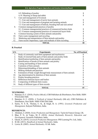 18
B.Sc. Agriculture Program (Agriculture and Forestry University/Nepal)
6.9. Debeaking of poultry
6.10. Shearing of sheep and rabbit
1
1
7. Care and management of livestock
7.1. Care and management of newly born animals
7.2. Care and management of pregnant and lactating animals
7.3. Care and management of bullock, breeding bull and sick animal
1
1
1
8. Common managemental practices of poultry
8.1. Common managemental practices of commercial broilers birds
8.2. Common managemental practices of commercial layers birds
1
1
9. Common housing system of farm animals and poultry 1
10. Farm waste management and recycling 1
11. Marketing and transportation of farm animals and poultry 1
12. Farm record: Importance, types and methods of farm recording 1
TOTAL 30
B. Practical
S.N. Experiments No. of Practical
1. Study of commonly used farm equipment and machineries 1
2. Study of external body parts of farm animals and poultry birds 1
3. Identification/numbering of farm animals and poultry 1
4. Identification of breeds of farm animals and poultry 2
5. Casting and handling of farm animals 1
6. Castration of farm animals 1
7. Dehorning/disbudding of farm animals 1
8. Milking methods and practices 1
9. Estimation of body weight through body measurement of farm animals 1
10. Age determination by dentition of farm animals 1
11. Poultry brooding practices 1
12. Differences between layers and loafers 1
13. Composting of different farm wastes 1
14. Study of different types of farm records 1
TOTAL 15
TEXTBOOKS
1. Banerjee, G. C. (2018). Poultry (4th ed.). CBS Publishers & Distributors, New Delhi. ISBN
978-8120417809.
2. Banerjee, G. C. (2020). A Textbook of Animal Husbandry (8th ed.). CBS Publishers &
Distributors, New Delhi. ISBN 9788120412606.
3. Sastry, N. S. R., Thomas, C. K., & Singh, R. A. (1991). Livestock Production and
Management. Kalyani Publishers, India.
REFERENCES
1. Abraham, J. (2020). Swine Production and Management. Taylor & Francis Group, UK.
2. Bhat, P. N., & Yadav, M. P. (2018). Animal Husbandry Research, Education and
Development. Scientific Publishers, India.
3. Ghosh, N. (2019). Livestock Production Management. PHI Learning Pvt. Ltd., India.
4. ICAR. (2013). Handbook of Animal Husbandry. India.
5. Lewin, B. (2005). Animal Husbandry. ICAR. India.
 