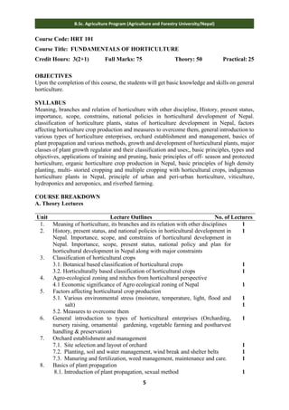 5
B.Sc. Agriculture Program (Agriculture and Forestry University/Nepal)
Course Code: HRT 101
Course Title: FUNDAMENTALS OF HORTICULTURE
Credit Hours: 3(2+1) Full Marks: 75 Theory: 50 Practical: 25
OBJECTIVES
Upon the completion of this course, the students will get basic knowledge and skills on general
horticulture.
SYLLABUS
Meaning, branches and relation of horticulture with other discipline, History, present status,
importance, scope, constrains, national policies in horticultural development of Nepal.
classification of horticulture plants, status of horticulture development in Nepal, factors
affecting horticulture crop production and measures to overcome them, general introduction to
various types of horticulture enterprises, orchard establishment and management, basics of
plant propagation and various methods, growth and development of horticultural plants, major
classes of plant growth regulator and their classification and uses;, basic principles, types and
objectives, applications of training and pruning, basic principles of off- season and protected
horticulture, organic horticulture crop production in Nepal, basic principles of high density
planting, multi- storied cropping and multiple cropping with horticultural crops, indigenous
horticulture plants in Nepal, principle of urban and peri-urban horticulture, viticulture,
hydroponics and aeroponics, and riverbed farming.
COURSE BREAKDOWN
A. Theory Lectures
Unit Lecture Outlines No. of Lectures
1. Meaning of horticulture, its branches and its relation with other disciplines 1
2. History, present status, and national policies in horticultural development in
Nepal. Importance, scope, and constrains of horticultural development in
Nepal. Importance, scope, present status, national policy and plan for
horticultural development in Nepal along with major constraints
1
3. Classification of horticultural crops
3.1. Botanical based classification of horticultural crops
3.2. Horticulturally based classification of horticultural crops
1
1
4. Agro-ecological zoning and nitches from horticultural perspective
4.1 Economic significance of Agro ecological zoning of Nepal 1
5. Factors affecting horticultural crop production
5.1. Various environmental stress (moisture, temperature, light, flood and
salt)
5.2. Measures to overcome them
1
1
6. General introduction to types of horticultural enterprises (Orcharding,
nursery raising, ornamental gardening, vegetable farming and postharvest
handling & preservation)
1
7. Orchard establishment and management
7.1. Site selection and layout of orchard
7.2. Planting, soil and water management, wind break and shelter belts
7.3. Manuring and fertilization, weed management, maintenance and care.
1
1
1
8. Basics of plant propagation
8.1. Introduction of plant propagation, sexual method 1
 