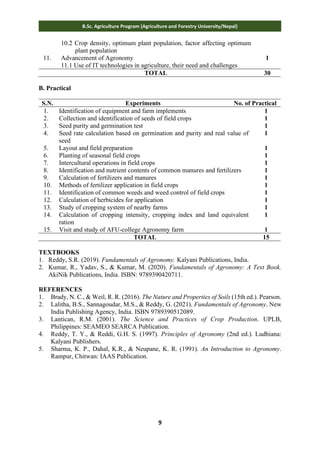 9
B.Sc. Agriculture Program (Agriculture and Forestry University/Nepal)
10.2 Crop density, optimum plant population, factor affecting optimum
plant population
11. Advancement of Agronomy
11.1 Use of IT technologies in agriculture, their need and challenges
1
TOTAL 30
B. Practical
S.N. Experiments No. of Practical
1. Identification of equipment and farm implements 1
2. Collection and identification of seeds of field crops 1
3. Seed purity and germination test 1
4. Seed rate calculation based on germination and purity and real value of
seed
1
5. Layout and field preparation 1
6. Planting of seasonal field crops 1
7. Intercultural operations in field crops 1
8. Identification and nutrient contents of common manures and fertilizers 1
9. Calculation of fertilizers and manures 1
10. Methods of fertilizer application in field crops 1
11. Identification of common weeds and weed control of field crops 1
12. Calculation of herbicides for application 1
13. Study of cropping system of nearby farms 1
14. Calculation of cropping intensity, cropping index and land equivalent
ration
1
15. Visit and study of AFU-college Agronomy farm 1
TOTAL 15
TEXTBOOKS
1. Reddy, S.R. (2019). Fundamentals of Agronomy. Kalyani Publications, India.
2. Kumar, R., Yadav, S., & Kumar, M. (2020). Fundamentals of Agronomy: A Text Book.
AkiNik Publications, India. ISBN: 9789390420711.
REFERENCES
1. Brady, N. C., & Weil, R. R. (2016). The Nature and Properties of Soils (15th ed.). Pearson.
2. Lalitha, B.S., Sannagoudar, M.S., & Reddy, G. (2021). Fundamentals of Agronomy. New
India Publishing Agency, India. ISBN 9789390512089.
3. Lantican, R.M. (2001). The Science and Practices of Crop Production. UPLB,
Philippines: SEAMEO SEARCA Publication.
4. Reddy, T. Y., & Reddi, G.H. S. (1997). Principles of Agronomy (2nd ed.). Ludhiana:
Kalyani Publishers.
5. Sharma, K. P., Dahal, K.R., & Neupane, K. R. (1991). An Introduction to Agronomy.
Rampur, Chitwan: IAAS Publication.
 