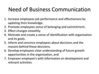 1. Increase employees job performance and effectiveness by
updating their knowledge.
2. Promote employees sense of belonging and commitment.
3. Effect changes smoothly
4. Motivate and create a sense of identification with organization
and its goals.
5. Inform and convince employees about decisions and the
reasons behind those decisions.
6. Develop employees clear understanding of future growth
opportunities in the organization, and
7. Empower employee's with information on development and
relevant activities.
Need of Business Communication
 