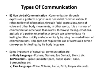 Types Of Communication
• B) Non Verbal Communication : Communication through
expressions, gestures or posture is nonverbal communication. It
refers to flow of information, through facial expressions, tone of
voice and other body movements, In other words, it is a manner of
communication otherwise than words. It conveys feeling, emotions,
attitude of a person to another. A person can communicate his
feeling to other quickly and economically by using non-verbal from of
communications. This does not require the use of words as a person
can express his feelings by his body language.
• Some important of nonverbal communication are
a) Body Language - Posture, Gesture, Eye Contact, Silence etc.
b) Proximies - Space (intimate space, public space), Time,
Surroundings etc.
c) Para Language - Voice, Volume, Pause, Pitch, Proper stress etc.
 