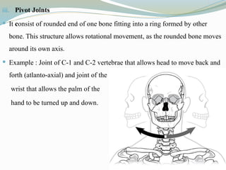 iii. Pivot Joints
 It consist of rounded end of one bone fitting into a ring formed by other
bone. This structure allows rotational movement, as the rounded bone moves
around its own axis.
 Example : Joint of C-1 and C-2 vertebrae that allows head to move back and
forth (atlanto-axial) and joint of the
wrist that allows the palm of the
hand to be turned up and down.
 