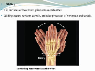 1. Gliding
 Flat surfaces of two bones glide across each other.
 Gliding occurs between carpals, articular processes of vertebrae and tarsals.
 
