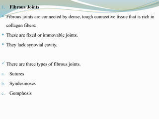 1. Fibrous Joints
 Fibrous joints are connected by dense, tough connective tissue that is rich in
collagen fibers.
 These are fixed or immovable joints.
 They lack synovial cavity.
 There are three types of fibrous joints.
a. Sutures
b. Syndesmoses
c. Gomphosis
 