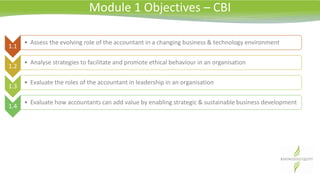 Module 1 Objectives – CBI
1.1
• Assess the evolving role of the accountant in a changing business & technology environment
1.2
• Analyse strategies to facilitate and promote ethical behaviour in an organisation
1.3
• Evaluate the roles of the accountant in leadership in an organisation
1.4
• Evaluate how accountants can add value by enabling strategic & sustainable business development
3a
3b
• Evaluate natural resource management & suggest strategies to optimise scarce resources
4
• Explain how to manage diverse stakeholder needs
 