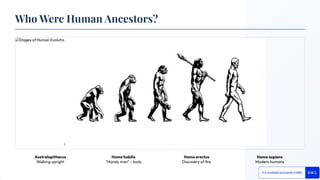 Australopithecus
Walking upright
Homo habilis
"Handy man" - tools
Homo erectus
Discovery of ﬁre
Homo sapiens
Modern humans
Who Were Human Ancestors?
 