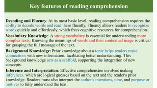 Key features of reading comprehension
Decoding and Fluency: At its most basic level, reading comprehension requires the
ability to decode words and read them fluently. Fluency allows readers to recognize
words quickly and effortlessly, which frees cognitive resources for comprehension.
Vocabulary Knowledge: A strong vocabulary is essential for understanding more
complex texts. Knowing the meanings of words and their contextual usage is critical
for grasping the full message of the text.
Background Knowledge: Prior knowledge about a topic helps readers make
connections with new information, facilitating better understanding. This
background knowledge acts as a scaffold, supporting the integration of new
concepts.
Inference and Interpretation: Effective comprehension involves making
inferences, which are logical guesses based on the text and the reader's prior
knowledge. Readers must also interpret the author's intentions, tone, and purpose or
motives to fully understand the text.
 