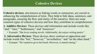 Cohesive Devices
Cohesive devices, also known as linking words or connectors, are crucial in
enhancing the comprehension of texts. They help to link ideas, sentences, and
paragraphs, ensuring the flow and clarity of the narrative. Here are some
common types of cohesive devices and how they contribute to comprehension:
1. Additive Devices: These devices add information and include words like
"and," "also," "furthermore," and "moreover."
• Example: "She loves reading novels. Additionally, she enjoys writing poetry."
2. Adversative Devices: These devices show contrast or opposition and
include words like "but," "however," "nevertheless," and "on the other hand."
• Example: "He wanted to go to the beach. However, it started raining."
 