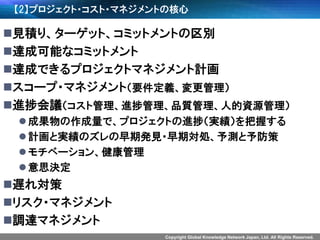 Copyright Global Knowledge Network Japan, Ltd. All Rights Reserved. 
【2】プロジェクト・コスト・マネジメントの核心 
見積り、ターゲット、コミットメントの区別 
達成可能なコミットメント 
達成できるプロジェクトマネジメント計画 
スコープ・マネジメント（要件定義、変更管理） 
進捗会議（コスト管理、進捗管理、品質管理、人的資源管理） 
成果物の作成量で、プロジェクトの進捗（実績）を把握する 
計画と実績のズレの早期発見・早期対処、予測と予防策 
モチベーション、健康管理 
意思決定 
遅れ対策 
リスク・マネジメント 
調達マネジメント  