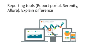 Reporting tools (Report portal, Serenity,
Allure). Explain difference
 