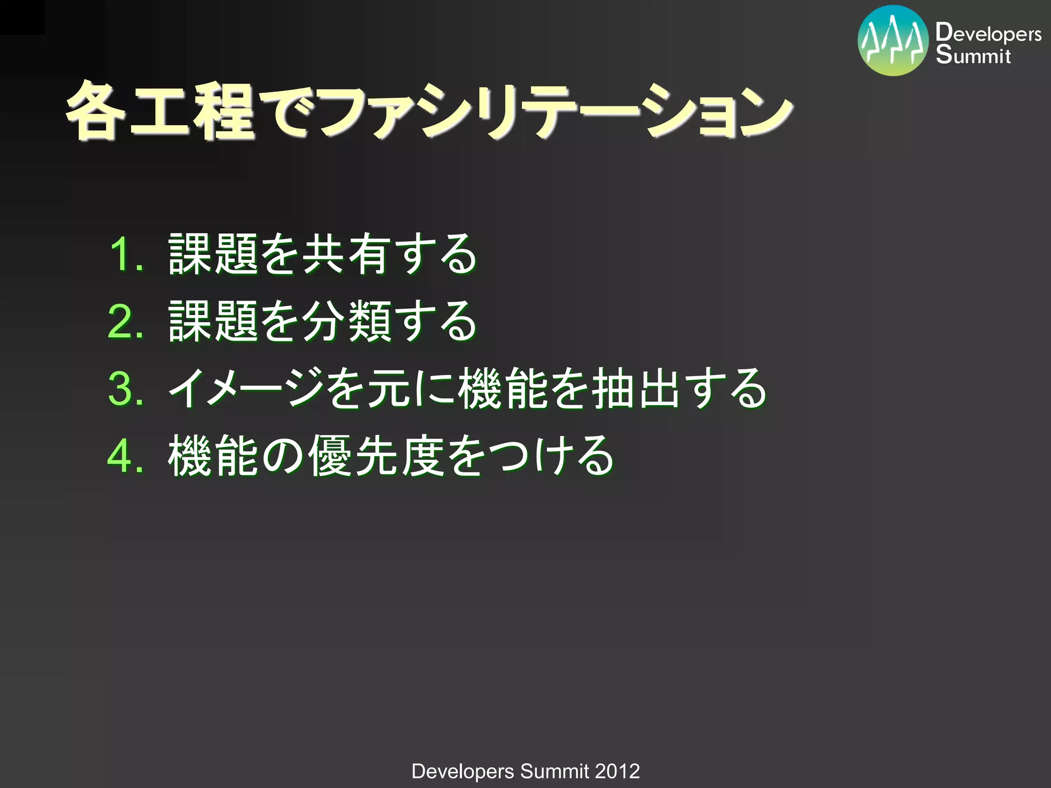 各工程でファシリテーション

1.   課題を共有する
2.   課題を分類する
3.   イメージを元に機能を抽出する
4.   機能の優先度をつける




          Developers Summit 2012
 