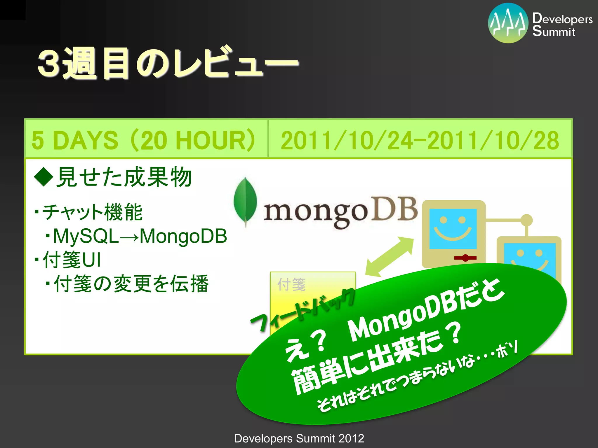 ３週目のレビュー

◆見せた成果物
・チャット機能
 ・MySQL→MongoDB
・付箋UI
 ・付箋の変更を伝播               付箋




                  Developers Summit 2012
 