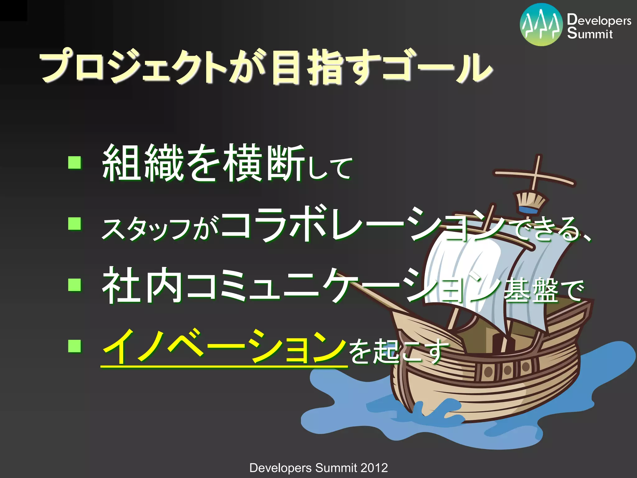 プロジェクトが目指すゴール

 組織を横断して
 スタッフがコラボレーションできる、
 社内コミュニケーション基盤で
 イノベーションを起こす

      Developers Summit 2012
 