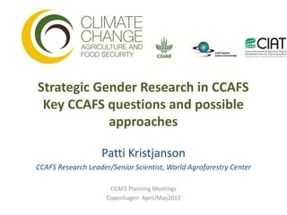 Strategic Gender Research in CCAFS
 Key CCAFS questions and possible
            approaches

                   Patti Kristjanson
CCAFS Research Leader/Senior Scientist, World Agroforestry Center

                      CCAFS Planning Meetings
                     Copenhagen April/May2012
 