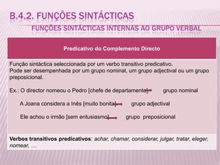 B.4.2. FUNÇÕES SINTÁCTICAS
         FUNÇÕES SINTÁCTICAS INTERNAS AO GRUPO VERBAL

                      Predicativo do Complemento Directo

Função sintáctica seleccionada por um verbo transitivo predicativo.
Pode ser desempenhada por um grupo nominal, um grupo adjectival ou um grupo
preposicional.

Ex.: O director nomeou o Pedro [chefe de departamento].         grupo nominal

    A Joana considera a Inês [muito bonita].      grupo adjectival

    Ele achou o irmão [sem entusiasmo].         grupo preposicional



Verbos transitivos predicativos: achar, chamar, considerar, julgar, tratar, eleger,
nomear, …
 