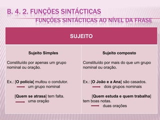 B. 4. 2. FUNÇÕES SINTÁCTICAS
                FUNÇÕES SINTÁCTICAS AO NÍVEL DA FRASE

                                      SUJEITO


            Sujeito Simples                        Sujeito composto

Constituído por apenas um grupo          Constituído por mais do que um grupo
nominal ou oração.                       nominal ou oração.


Ex.: [O polícia] multou o condutor.      Ex.: [O João e a Ana] são casados.
            um grupo nominal                        dois grupos nominais

    [Quem se atrasa] tem falta.              [Quem estuda e quem trabalha]
          uma oração                     tem boas notas.
                                                   duas orações
 
