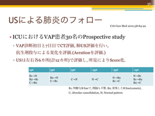 36




USによる肺炎のフォロー                                          Crit Care Med 2010;38:84-92



• ICUにおけるVAP患者30名のProspective study
 ▫ VAP診断初日と7日目でCT評価, 肺US評価を行い,
 抗生剤投与による変化を評価.(Aerationを評価.)
 ▫ USは左右各6カ所(計12カ所)で評価し, 所見によりScore化.

      1pt     3pt     5pt              -5pt             -3pt           -1pt

      B1→N                                                             N→B1
              B2→N                                      N→B2
      B2→B1           C→N              N→C                             B1→B2
              C→B1                                      B1→C
      C→B2                                                             B2→C

                     B1; 明瞭なB lineで, 間隔も不整. B2; 密集したB line(comets),
                     C; Alveolar consolidation, N; Normal pattern
 