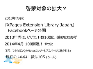 ɌΒ 
20137¤ 
XPages Extension Library Japan Facebookک`_ 
2013ڤϡͣ100ˡ΢˽줫 
20144100_ä` 
(5¡ǤФNotes󥽩`ک`˒i) 
FڤΤͣ105(`)  