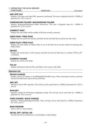 1. OPERATING THE DATA SERVER
   FUNCTIONS                 OPERATION                                                             B-64014EN/04


 DNC OPE FILE
  Displays a file name used when DNC operation is performed. This item is displayed when bit 1 (PDM) of
  parameter No. 3233 is set to 0.

 FOREGROUND FOLDER / BACKGROUND FOLDER
  Displays foreground/background folders (directories). This item is displayed when bit 1 (PDM) of
  parameter No. 3233 is set to 1.

 CONNECT HOST
  Displays the work folder and the number of the host currently connected.

 USED PAGE / FREE PAGE
  Displays the size used of the memory card built into the Fast Data Server and the size that is free.

 USED FILES / FREE FILES
  Displays the total number of folders (files) in use of the Data Server and the number of remaining free
  folders (files).

 DEVICE
  Displays the current device. If the memory card built into the Fast Data Server is selected, "DATA_SV"
  is indicated.

 CURRENT FOLDER
  Displays the current work folder.

 File list
  Displays information about the files and folders in the current work folder.

Operation list
 DEVICE CHANGE
  Enables a device for display on the PROGRAM FOLDER screen. When selecting the memory card built
  into the Fast Data Server, press soft key [DTSVR].

 DNC SET
  Specifies a file for DNC operation. This soft key can be used when bit 1 (PDM) of parameter No. 3233 is
  set to 0.

 M198 SET
  Specifies a folder for M198-based subprogram calling. This soft key can be used when bit 1 (PDM) of
  parameter No. 3233 is set to 0.

 FORE CHANGE / BACK CHNAGE
  Specifies a foreground/background folder. These soft keys can be used when bit 1 (PDM) of parameter
  No. 3233 is set to 1.

 MAIN PROGRM
  Selects a file as a main program.

 DETAIL OFF / DETAIL ON
  Switches the file list information to overall display or detail display.



                                                     - 98 -
 