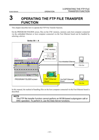 3.OPERATING THE FTP FILE
B-64014EN/04                                   OPERATION                     TRANSFER FUNCTION


3              OPERATING THE FTP FILE TRANSFER
               FUNCTION
   This chapter describes how to operate the FTP File Transfer function.

   On the PROGRAM FOLDER screen, files on the CNC memory, memory card, host computer connected
   via the embedded Ethernet or host computer connected via the Fast Ethernet board can be handled by
   selecting a device.

                        Series 30 i - A




                                               CNC memory




                                                Memory card
                                                                    Via embedded Ethernet

                                                                                              File list



                                                       Without
                                                     Me mory Card




       PROGRAM FOLDER screen                   FAST Ethernet          Via FAST Ethernet
                                               Board                  Board
                                                                                              File list


   In this manual, the method of handling files on the host computer connected via the Fast Ethernet board is
   described.

     NOTE
       The FTP file transfer function cannot perform an M198-based subprogram call or
       DNC operation. To perform it, use the Data Server functions.




                                                   - 123 -
 