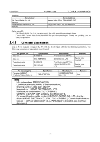B-64014EN/04                                        CONNECTION                         2.CABLE CONNECTION
   Inquiries
                         Manufacturer                                           Contact address
   Oki Electric Cable Co., Ltd.                          Nagano Sales Office TEL:0266-27-1597
   Remarks
   Shinko Electric Industrial Co., Ltd.                    Tokyo Sales Office TEL:03-3492-0073
   Remarks

   Cable assembly
       Oki Electric Cable Co., Ltd. can also supply the cable assembly mentioned above.
       Contact Oki Electric directly to determine the specifications (length, factory test, packing, and so
       forth) for purchase.

2.4.3            Connector Specification
   Use an 8-pin modular connector (RJ-45) with the twisted-pair cable for the Ethernet connection. The
   following connectors or equivalents must be used.

          For general use                  Specification                  Manufacturer                  Remarks
    Solid wire                        5-569530-3                   Tyco Electronics AMP K.K..
                                                                                                  Special tools
    Solid wire                        MS8-RSZT-EMC                 SK KOHKI CO., LTD.
                                                                                                  required
    Twisted-pair cable                5-569552-3                   Tyco Electronics AMP K.K..
                                                                   HIROSE ELECTRIC CO.,           Special tools
    Twisted-pair cable               TM11AP-88P
                                                                   LTD.                           required


            For movable parts                      Specification               Manufacturer              Remarks
    For cable AWG26 4P                                                    HIROSE ELECTRIC
                                          TM21CP-88P(03)                                            Note
    TPMC-C5-F(SB) or FNC-118                                              CO., LTD.


     NOTE
       Information about TM21CP-88P(03):
       Connector (standard product of the manufacturer)
       Drawing number: A63L-0001-0823#P
       Manufacturer: HIROSE ELECTRIC CO., LTD.
       Manufacturer type number: TM21CP-88P(03)
       Conforms to EIA/TIA 568A Category 3 and Category 5.
       For assembly with a cable, contact HIROSE ELECTRIC CO., LTD. directly.
       (From HIROSE ELECTRIC CO., LTD., "TM21CP-88P(03) Connection Procedure
       Manual (Technical Specification No. ATAD-E2367)" is available as a technical
       document.)




                                                         - 147 -
 