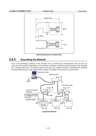 2.CABLE CONNECTION                             CONNECTION                                           B-64014EN/04




                                                  55mm max.




                                                                                   28mm



                                            6mm




                                                                                   17mm




                                     External dimensions of clamp fixture


2.5.3        Grounding the Network
 Even if the grounding condition on the machine side is satisfied, the communication line can pick up
 noise from the machine, depending on the machine installation condition and environment, thus resulting
 in a communication error. To protect against such noise, the machine should be separated and insulated
 from the Ethernet trunk cable and personal computer. Examples of connection are given below.
                                      Personal computer
                                                            Switching HUB

                                                                       Note 2


                     Note 1

                                                                                 Hub power supply
                                                         Note 2                     Note 2
                    Personal computer /            HUB                           HUB
                    HUB side
                  Electrically separated
                  by 100BASE-TX cable                   STP cable                   STP
                  connection                                                        cable
                    Machine system
                                             Ethernet               Machine              Machine
                                   Note 1                 Note 1                Note 1
                                             Machine

                                             Note 1                 Note 1               Note 1

                                              Large-Scale Network




                                                      - 150 -
 