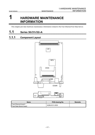 1.HARDWARE MAINTENANCE
B-64014EN/04                                 MAINTENANCE                        INFORMATION


1               HARDWARE MAINTENANCE
                INFORMATION
   This chapter provides hardware maintenance information related to the Fast Ethernet/Fast Data Server.


1.1             Series 30i/31i/32i-A

1.1.1           Component Layout




                                                     LSI




                                                            MPU




                                                  CNH6




                                                             CD38R




                         Name                                PCB drawing No.               Remarks
    Fast Ethernet board /
                                                    A20B-8101-0030
    Fast Data Server board




                                                  - 157 -
 