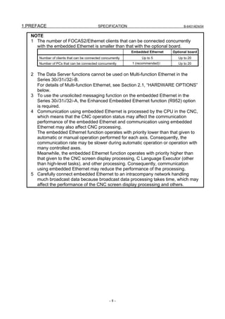 1.PREFACE                                    SPECIFICATION                              B-64014EN/04


   NOTE
   1 The number of FOCAS2/Ethernet clients that can be connected concurrently
     with the embedded Ethernet is smaller than that with the optional board.
                                                              Embedded Ethernet   Optional board
       Number of clients that can be connected concurrently        Up to 5           Up to 20
       Number of PCs that can be connected concurrently       1 (recommended)）       Up to 20


   2 The Data Server functions cannot be used on Multi-function Ethernet in the
     Series 30i/31i/32i-B.
     For details of Multi-function Ethernet, see Section 2.1, “HARDWARE OPTIONS”
     below.
   3 To use the unsolicited messaging function on the embedded Ethernet in the
     Series 30i/31i/32i-A, the Enhanced Embedded Ethernet function (R952) option
     is required.
   4 Communication using embedded Ethernet is processed by the CPU in the CNC,
     which means that the CNC operation status may affect the communication
     performance of the embedded Ethernet and communication using embedded
     Ethernet may also affect CNC processing.
     The embedded Ethernet function operates with priority lower than that given to
     automatic or manual operation performed for each axis. Consequently, the
     communication rate may be slower during automatic operation or operation with
     many controlled axes.
     Meanwhile, the embedded Ethernet function operates with priority higher than
     that given to the CNC screen display processing, C Language Executor (other
     than high-level tasks), and other processing. Consequently, communication
     using embedded Ethernet may reduce the performance of the processing.
   5 Carefully connect embedded Ethernet to an intracompany network handling
     much broadcast data because broadcast data processing takes time, which may
     affect the performance of the CNC screen display processing and others.




                                                    -8-
 