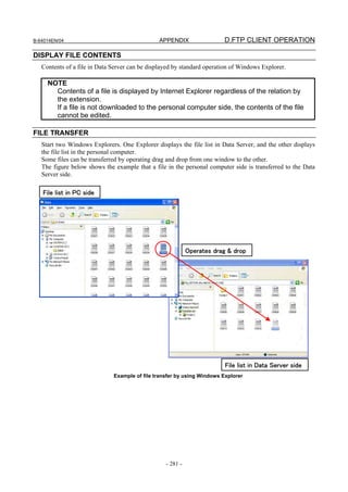 B-64014EN/04                                   APPENDIX                 D.FTP CLIENT OPERATION

DISPLAY FILE CONTENTS
   Contents of a file in Data Server can be displayed by standard operation of Windows Explorer.

     NOTE
       Contents of a file is displayed by Internet Explorer regardless of the relation by
       the extension.
       If a file is not downloaded to the personal computer side, the contents of the file
       cannot be edited.

FILE TRANSFER
   Start two Windows Explorers. One Explorer displays the file list in Data Server, and the other displays
   the file list in the personal computer.
   Some files can be transferred by operating drag and drop from one window to the other.
   The figure below shows the example that a file in the personal computer side is transferred to the Data
   Server side.

   File list in PC side




                                                            Operates drag & drop




                                                                         File list in Data Server side
                              Example of file transfer by using Windows Explorer




                                                  - 281 -
 