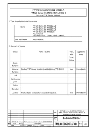 FANUC Series 30i/31i/32i–MODEL A
                                           FANUC Series 30i/31i/32i/35i–MODEL B
                                               Modbus/TCP Server function


 1. Type of applied technical documents

                                               FANUC Series 30i–MODEL A/B
                       Name
                                               FANUC Series 31i–MODEL A/B
                                               FANUC Series 32i–MODEL A/B
                                               FANUC Series 35i–MODEL B
                                               Fast Ethernet
                                               Fast Data Server OPERATOR’S MANUAL

              Spec.No./Version                 B-64014EN/04



 2. Summary of change


         Group                                            Name / Outline                                      New,      Applicable
                                                                                                              Add,         Date
                                                                                                            Correct,
                                                                                                             Delete
          Basic
        Function

        Optional        Modbus/TCP Server function is added into APPENDIX E.                                  Add      Immediately
        Function

           Unit

       Maintenance
          parts

         Notice

        Correction

         Another        This function is available for Series 30i/31i/32i/35i-B.                              Add      Immediately




                                                                                                FANUC Series 30i/31i/32i–MODEL A
                                                                                       Title   FANUC Series 30i/31i/32i/35i–MODEL B
                                                                                                   Modbus/TCP Server function

                                                                                       Draw
                                                                                        No.         B-64014EN/04-1
02      2011.06.13   Y.Honda This function is available for Series 30i/31i/32i/35i-B
Edit      Date       Design                       Description                                                             Sheet   1/11
       Date           2010.12.13    Design     Y.Honda        Apprv.     N.Mutai
 