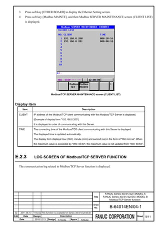 3       Press soft key [ETHER BOARD] to display the Ethernet Setting screen.
       4       Press soft key [Modbus MAINTE], and then Modbus SERVER MAINTENANCE screen (CLIENT LIST)
               is displayed.




                                           Modbus/TCP SERVER MAINTENANCE screen (CLIENT LIST)



 Display item
            Item                                                             Description

       CLIENT           IP address of the Modbus/TCP client communicating with this Modbus/TCP Server is displayed.

                        (Example of display form "192.168.0.200")

                        It is displayed in order of communicating with this Server.

       TIME             The connecting time of the Modbus/TCP client communicating with this Server is displayed.

                        The displayed time is updated automatically.

                        The display form displays hour (hhh), minute (mm) and second (ss) in the form of "hhh:mm:ss". When

                        the maximum value is exceeded by "999: 59:59", the maximum value is not updated from "999: 59:59".




 E.2.3                  LOG SCREEN OF Modbus/TCP SERVER FUNCTION

       The communication log related to Modbus/TCP Server function is displayed.




                                                                                                   FANUC Series 30i/31i/32i–MODEL A
                                                                                          Title   FANUC Series 30i/31i/32i/35i–MODEL B
                                                                                                      Modbus/TCP Server function

                                                                                          Draw
                                                                                           No.         B-64014EN/04-1
02         2011.06.13   Y.Honda This function is available for Series 30i/31i/32i/35i-B
Edit         Date       Design                       Description                                                             Sheet   9/11
       Date              2010.12.13    Design     Y.Honda        Apprv.     N.Mutai
 