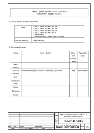FANUC Series 30i/31i/32i/35i –MODEL B
                                           EtherNet/IP Adapter function



 1. Type of applied technical documents

                                          FANUC Series 30i–MODEL A/B
                      Name
                                          FANUC Series 31i–MODEL A/B
                                          FANUC Series 32i–MODEL A/B
                                          FANUC Series 35i–MODEL B
                                          Fast Ethernet
                                          Fast Data Server OPERATOR’S MANUAL

              Spec.No./Version            B-64014EN/04



 2. Summary of change


         Group                                       Name / Outline                              New,      Applicable
                                                                                                 Add,         Date
                                                                                               Correct,
                                                                                                Delete
          Basic
        Function

        Optional       EtherNet/IP Adapter function is added as Appendix F.                       Add     Immediately
        Function

           Unit

       Maintenance
          parts

         Notice

        Correction

         Another




                                                                                  FANUC Series 30i/31i/32i/35i –MODEL B
                                                                          Title
                                                                                      EtherNet/IP Adapter function

                                                                          Draw
                                                                           No.         B-64014EN/04-2

Edit      Date       Design                 Description                                                       Sheet   1/45
       Date           2011.01.06   Design T.Hosaka     Apprv.   N.Mutai
 
