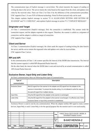 The communication type of Explicit message is server/client. The client transmits the request of reading or
       writing the data to the server. The server returns the value based on the request from the client, and updates own
       value by the received value. There are Class 2 to Class 6 by the difference of the communication procedure.
       CNC supports Class 3. It uses TCP of Ethernet technology. Point-To-Point (unicast) only can be used.
       This chapter explains Implicit message in section "F.1.4 ALLOCATION SETTING AND SETTING OF
       SCANNER" and "F.1.5 EDS FILE", and explains Explicit message in section "F.1.7 EXPLICIT MESSAGE".


 Originator and Target
       At Class 1 communication (Implicit message), first, the connection is established. The scanner sends the
       connection request, and the adapter responds to this request. Therefore, the scanner is called as a originator of
       connection, and the adapter is called as a target of connection.
       CNC supports Class 1 target.


 Client and Server
       At Class 3 communication (Explicit message), the client sends the request of reading/writing the data from/to
       the server, and the server returns the requested value and updates own value by received data.
       CNC supports Class 3 server.


 RPI and API
       In the communication of Class 1, the scanner specifies the interval of the DI/DO data transmission. The interval
       that the scanner requests is called RPI (Requested Packet Interval).
       On the other hand, the interval when the DI/DO data is sent and received by an actual communication is called
       API (Actual Packet Interval).


 Exclusive Owner, Input Only and Listen Only
       In Class1 communication, there are following three types of communication.
               Type of                                                       Description

          communication

       Exclusive Owner             Both DI signal from the scanner to the adapter and DO signal from the adapter to the

                                   scanner is transmitted. To prevent the double writing, it is not allowed to write the value to

                                   the same DI signal from multiple devices.

       Input Only                  Only the DO signal from the adapter to the scanner is exchanged.

       Listen Only                 Only the DO signal from the adapter to the scanner is exchanged. It is effective only if other

                                   Exclusive Owner or Input Only connection is established.

       Exclusive Owner is used in one-by-one communication. When the adapter notifies DO signal to many scanner
       devices, Input Only is used. Listen Only is for the special purpose like the monitor and it is not used usually.



                                                                                        FANUC Series 30i/31i/32i/35i –MODEL B
                                                                                Title
                                                                                            EtherNet/IP Adapter function

                                                                                Draw
                                                                                 No.           B-64014EN/04-2

Edit      Date       Design                   Description                                                                 Sheet     4/45
       Date           2011.01.06   Design T.Hosaka       Apprv.    N.Mutai
 