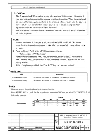 Bit 1-7 : Reserved (Must be zero)



             CAUTION
          1 The E area in the PMC area is normally allocated to volatile memory. However, it
            can also be used as nonvolatile memory by setting the option. When the area is set
            as nonvolatile memory, the contents of the area are retained even after the power is
            turned off. So, special attention should be paid not to cause an unpredictable
            operation when the power is turned on next time.
          2 Be careful not to cause an overlap between a specified area and a PMC area used
            for other purposes.


         NOTE
         1 When a parameter is changed, CNC becomes POWER MUST BE OFF alarm
           state. For the changed parameters to take effect, turn the CNC power off and back
           on again.
         2 For a multi-path PMC, enter a PMC address as follows:
                <Path number>:<PMC address>
           For R0500 for the second PMC path, for example, enter "2:R500". When only a
           PMC address (R500) is entered, it is assumed to be the PMC address for the first
           path (1:R0500).
           If the ":" key is not provided, the "/" or "EOB" key can be used instead.


 Display item
                     Item                                                    Description

        PORT NUMBER (TCP)                 The standard port number for EtherNet/IP TCP (44818) is displayed.

        PORT NUMBER (UDP)                 The standard port number for EtherNet/IP UDP (2222) is displayed.



 Status
       The status is a data detected by EtherNet/IP Adapter function.
       When STATUS SIZE is 1, only the first byte of status is output to PMC area, and when STATUS SIZE is 3, all
       information is output.
                                                                                    Status
                                                 #7         #6      #5        #4             #3    #2          #1       #0
                                         +0     OPE         -        -          -          -        -           -     ERR
                 Status address          +1      -          -        -          -        ENA4     ENA3        ENA2    ENA1
                                         +2      -          -        -          -         IN4      IN3         IN2     IN1




                                                                                      FANUC Series 30i/31i/32i/35i –MODEL B
                                                                            Title
                                                                                          EtherNet/IP Adapter function

                                                                           Draw
                                                                            No.               B-64014EN/04-2

Edit      Date      Design                    Description                                                            Sheet   18/45
       Date           2011.01.06   Design T.Hosaka      Apprv.   N.Mutai
 