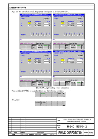 Allocation screen

       Page 2 to 5 is allocation screen. Page 2 to 5 corresponds to allocation 01 to 04.




                                         EtherNet/IP Adapter setting screen (Allocation)

       Press soft key [(OPRT)] as needed and then use the following soft keys.



       [STATE] :




                                                                                FANUC Series 30i/31i/32i/35i –MODEL B
                                                                        Title
                                                                                    EtherNet/IP Adapter function

                                                                       Draw
                                                                        No.          B-64014EN/04-2

Edit      Date     Design                 Description                                                       Sheet   20/45
       Date         2011.01.06   Design T.Hosaka   Apprv.    N.Mutai
 