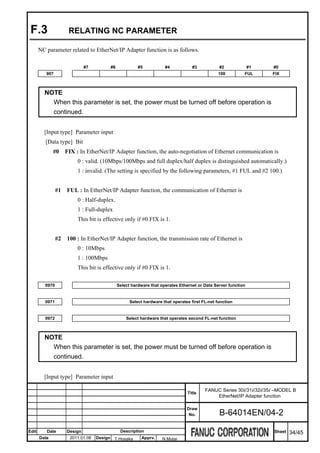 F.3                  RELATING NC PARAMETER

       NC parameter related to EtherNet/IP Adapter function is as follows.

                              #7         #6             #5           #4            #3           #2             #1   #0
          907                                                                                  100         FUL      FIX



         NOTE
           When this parameter is set, the power must be turned off before operation is
           continued.


         [Input type] Parameter input
          [Data type] Bit
              #0     FIX : In EtherNet/IP Adapter function, the auto-negotiation of Ethernet communication is
                          0 : valid. (10Mbps/100Mbps and full duplex/half duplex is distinguished automatically.)
                          1 : invalid. (The setting is specified by the following parameters, #1 FUL and #2 100.)


                #1   FUL : In EtherNet/IP Adapter function, the communication of Ethernet is
                          0 : Half-duplex.
                          1 : Full-duplex
                          This bit is effective only if #0 FIX is 1.


                #2   100 : In EtherNet/IP Adapter function, the transmission rate of Ethernet is
                          0 : 10Mbps
                          1 : 100Mbps
                          This bit is effective only if #0 FIX is 1.

         0970                                 Select hardware that operates Ethernet or Data Server function


         0971                                       Select hardware that operates first FL-net function


         0972                                     Select hardware that operates second FL-net function



         NOTE
           When this parameter is set, the power must be turned off before operation is
           continued.


         [Input type] Parameter input

                                                                                         FANUC Series 30i/31i/32i/35i –MODEL B
                                                                                Title
                                                                                             EtherNet/IP Adapter function

                                                                                Draw
                                                                                 No.            B-64014EN/04-2

Edit      Date       Design                    Description                                                           Sheet   34/45
       Date           2011.01.06   Design T.Hosaka       Apprv.     N.Mutai
 