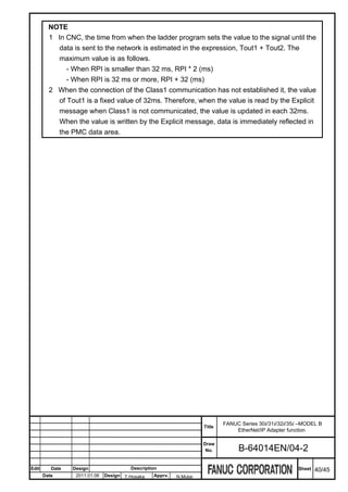 NOTE
         1 In CNC, the time from when the ladder program sets the value to the signal until the
           data is sent to the network is estimated in the expression, Tout1 + Tout2. The
           maximum value is as follows.
              - When RPI is smaller than 32 ms, RPI * 2 (ms)
              - When RPI is 32 ms or more, RPI + 32 (ms)
         2 When the connection of the Class1 communication has not established it, the value
           of Tout1 is a fixed value of 32ms. Therefore, when the value is read by the Explicit
           message when Class1 is not communicated, the value is updated in each 32ms.
           When the value is written by the Explicit message, data is immediately reflected in
           the PMC data area.




                                                                            FANUC Series 30i/31i/32i/35i –MODEL B
                                                                    Title
                                                                                EtherNet/IP Adapter function

                                                                    Draw
                                                                     No.         B-64014EN/04-2

Edit      Date   Design                 Description                                                     Sheet   40/45
       Date       2011.01.06   Design T.Hosaka   Apprv.   N.Mutai
 