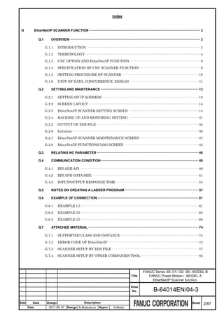 Index


 G            EtherNet/IP SCANNER FUNCTION ····················································································································· 3

                 G.1        OVERVIEW ········································································································································· 3

                       G.1.1      INTRODUCTION ···································································································· 3

                       G.1.2      TERMINOLOGY······································································································ 4

                       G.1.3      CNC OPTION AND EtherNet/IP FUNCTION ······························································ 8

                       G.1.4      SPECIFICATION OF CNC SCANNER FUNCTION······················································ 8

                       G.1.5      SETTING PROCEDURE OF SCANNER ····································································10

                       G.1.6      UNIT OF DATA, CONCURRENCY, ENDIAN ····························································· 11

                 G.2        SETTING AND MAINTENANCE ······································································································· 13

                       G.2.1      SETTING OF IP ADDRESS······················································································13

                       G.2.2      SCREEN LAYOUT ··································································································14

                       G.2.3      EtherNet/IP SCANNER SETTING SCREEN ······························································14

                       G.2.4      BACKING UP AND RESTORING SETTING ······························································31
                       G.2.5      OUTPUT OF EDS FILE···························································································34

                       G.2.6      Initialize ················································································································36

                       G.2.7      EtherNet/IP SCANNER MAINTENANCE SCREEN ····················································37

                       G.2.8      EtherNet/IP FUNCTIONS LOG SCREEN ··································································43

                 G.3         RELATING NC PARAMETER ··········································································································· 46

                 G.4         COMMUNICATION CONDITION······································································································· 49

                       G.4.1      RPI AND API ·········································································································49

                       G.4.2      RPI AND DATA SIZE·······························································································51

                       G.4.3      INPUT/OUTPUT RESPONSE TIME ·········································································54

                 G.5         NOTES ON CREATING A LADDER PROGRAM·············································································· 57

                 G.6         EXAMPLE OF CONNECTION ·········································································································· 61

                       G.6.1      EXAMPLE (1)·········································································································61

                       G.6.2      EXAMPLE (2)·········································································································65

                       G.6.3      EXAMPLE (3)·········································································································68

                 G.7         ATTACHED MATERIAL ···················································································································· 74

                       G.7.1      SUPPORTED CLASS AND INSTANCE ·····································································74

                       G.7.2      ERROR CODE OF EtherNet/IP ················································································75

                       G.7.3      SCANNER SETUP BY EDS FILE ·············································································77

                       G.7.4      SCANNER SETUP BY OTHER COMPANIES TOOL ···················································82



                                                                                                                     FANUC Series 30i /31i /32i /35i -MODEL B
                                                                                                          Title         FANUC Power Motion i -MODEL A
                                                                                                                          EtherNet/IP Scanner function
                                                                                                         Draw
                                                                                                          No.                  B-64014EN/04-3

Edit      Date           Design                             Description                                                                                              Sheet         2/87
       Date               2011.08.10       Design S.Matsukura             Apprv.        N.Mutai
 
