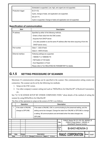 Scheduled is supported. Low, high, and urgent are not supported.

        Production trigger              DI (T=>O)

                                        Cyclic, change of state, and application are supported.

                                        DO (O=>T)

                                        Cyclic is supported. Change of state and application are not supported.



 Specification of communication
                     Item                                                        Description

        IP address                      Specified by either of the following methods.

                                        - Enters a fixed value from the CNC screen.

                                        - Acquires from DHCP server.

                                          (It is also possible to use the same IP address after that when acquiring it from the

                                          DHCP server once.)

        Port number                     Class 1 : 2222 (Fixed)

                                        Class 3 : 44818 (Fixed)

        Ethernet interface              Following settings are supported.

                                        - 10BASE-T or 100BASE-TX

                                        - Half duplex or Full duplex

                                        - Auto Negotiation or Fixed

                                        Please refer to "G.3 RELATING NC PARAMETER" for details.




 G.1.5                SETTING PROCEDURE OF SCANNER

       Maximum 32 communication settings can be specified in the scanner. One communication setting creates one
       connection. The scanner can be set by the following two methods.
         1. Setup on the CNC screen.
         2. Use other company's scanner setting tool such as "RSNetWorx for EtherNet/IP" of Rockwell Automation,
              etc.
       See "G.7.4 SCANNER SETUP BY OTHER COMPANIES TOOL" about details of the method of setting the
       scanner by using RSNetWorx for EtherNet/IP.
       The flow of the operation to setup on the screen of CNC is as follows.
                      Operation                                                   Description

        1     If the state is ONLINE,      If the state is ONLINE, CNC is communicating by the preserved setting, and the

              change to OFFLINE.           setting cannot be changed. Change the state from ONLINE to OFFLINE to change

                                           a setting. All communications are terminated when the state changes into

                                           OFFLINE.

                                                                                           FANUC Series 30i /31i /32i /35i -MODEL B
                                                                                   Title      FANUC Power Motion i -MODEL A
                                                                                                EtherNet/IP Scanner function
                                                                                   Draw
                                                                                    No.          B-64014EN/04-3

Edit        Date     Design                     Description                                                               Sheet   10/87
       Date            2011.08.10   Design S.Matsukura    Apprv.       N.Mutai
 