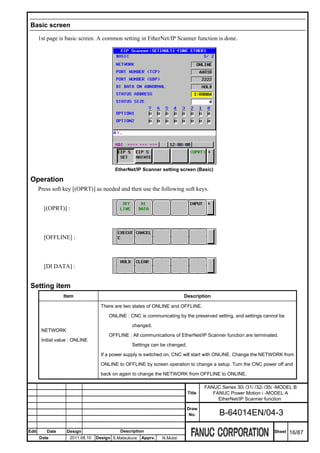 Basic screen

       1st page is basic screen. A common setting in EtherNet/IP Scanner function is done.




                                          EtherNet/IP Scanner setting screen (Basic)

 Operation
       Press soft key [(OPRT)] as needed and then use the following soft keys.


         [(OPRT)] :



         [OFFLINE] :



         [DI DATA] :


 Setting item
                  Item                                                    Description

                                    There are two states of ONLINE and OFFLINE.

                                       ONLINE : CNC is communicating by the preserved setting, and settings cannot be

                                                 changed.
        NETWORK
                                       OFFLINE : All communications of EtherNet/IP Scanner function are terminated.
        Initial value : ONLINE
                                                 Settings can be changed.

                                    If a power supply is switched on, CNC will start with ONLINE. Change the NETWORK from

                                    ONLINE to OFFLINE by screen operation to change a setup. Turn the CNC power off and

                                    back on again to change the NETWORK from OFFLINE to ONLINE.

                                                                                    FANUC Series 30i /31i /32i /35i -MODEL B
                                                                            Title      FANUC Power Motion i -MODEL A
                                                                                         EtherNet/IP Scanner function
                                                                            Draw
                                                                             No.          B-64014EN/04-3

Edit      Date      Design                  Description                                                           Sheet   16/87
       Date          2011.08.10   Design S.Matsukura   Apprv.   N.Mutai
 