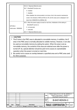 Bit 3-4 : Reserved (Must be zero)

                                    Bit 7 : EtherNet/IP functions are

                                        0 : enabled.

                                        1 : disabled.

                                        When disabled, the communication is not done. And in the scanner maintenance

                                        screen, the indicators of MS and NS turn off, and the value zero is displayed in all

                                        items from VENDOR ID to SERIAL NO.

                                    Bit 0 : When the power supply is turned on next time, initialization of the setting of

                                         EtherNet/IP scanner is
       OPTION 2
                                        0 : not executed.
       Initial value : 00000000
                                        1 : executed.

                                    Bit 1-7 : Reserved (Must be zero)



            CAUTION
         1 The D area in the PMC area is allocated to nonvolatile memory. In addition, the E
           area in the PMC area is normally allocated to volatile memory. However, it can also
           be used as nonvolatile memory by setting the option. When the area is set as
           nonvolatile memory, the contents of the area are retained even after the power is
           turned off. So, special attention should be paid not to cause an unpredictable
           operation when the power is turned on next time.
         2 Be careful not to cause an overlap between a specified area and a PMC area used
           for other purposes.




                                                                                       FANUC Series 30i /31i /32i /35i -MODEL B
                                                                              Title       FANUC Power Motion i -MODEL A
                                                                                            EtherNet/IP Scanner function
                                                                              Draw
                                                                               No.            B-64014EN/04-3

Edit      Date     Design                    Description                                                                 Sheet   18/87
       Date         2011.08.10    Design S.Matsukura    Apprv.    N.Mutai
 