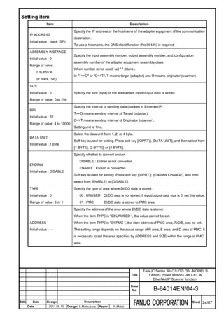 Setting item
                     Item                                                          Description

                                         Specify the IP address or the hostname of the adapter equipment of the communication
        IP ADDRESS
                                         destination.
        Initial value : blank (SP)
                                         To use a hostname, the DNS client function (No.904#5) is required.

        ASSEMBLY INSTANCE
                                         Specify the input assembly number, output assembly number, and configuration
        Initial value : 0
                                         assembly number of the adapter equipment assembly class.
        Range of value:
                                         When number is not used, set " " (blank).
              0 to 65536
                                         In "T=>O" or "O=>T", T means target (adapter) and O means originator (scanner)
              or blank (SP)

        SIZE

        Initial value : 0                Specify the size (byte) of the area where input/output data is stored.

        Range of value: 0 to 256

                                         Specify the interval of sending data (packet) in EtherNet/IP.
        RPI
                                         T=>O means sending interval of Target (adapter).
        Initial value : 32
                                         O=>T means sending interval of Originator (scanner).
        Range of value: 4 to 10000
                                         Setting unit is 1ms.

                                         Select the data unit from 1, 2, or 4 byte.
        DATA UNIT
                                         Soft key is used for setting. Press soft key [(OPRT)], [DATA UNIT], and then select from
        Initial value : 1 byte
                                         [1-BYTE], [2-BYTE], or [4-BYTE].

                                         Specify whether to convert endian.

                                            DISABLE : Endian is not converted.
        ENDIAN
                                            ENABLE : Endian is converted.
        Initial value : DISABLE
                                         Soft key is used for setting. Press soft key [(OPRT)], [ENDIAN CHANGE], and then

                                         select from [ENABLE] or [DISABLE].

        TYPE                             Specify the type of area where DI/DO data is stored.
        Initial value : 0                   00 : UNUSED         DI/DO data is not stored. If input/output data size is 0, set this value.

        Range of value: 0 or 1              01 : PMC            DI/DO data is stored to PMC area.

                                         Specify the address of the area where DI/DO data is stored.

                                         When the item TYPE is "00:UNUSED ", the value cannot be set.

        ADDRESS                          When the item TYPE is "01:PMC ", the start address of PMC area, R/D/E, can be set.

        Initial value : ---              The setting range depends on the actual range of R area, E area, and D area of PMC. It

                                         is necessary to set the area specified by ADDRESS and SIZE within the range of PMC

                                         area.




                                                                                            FANUC Series 30i /31i /32i /35i -MODEL B
                                                                                   Title       FANUC Power Motion i -MODEL A
                                                                                                 EtherNet/IP Scanner function
                                                                                   Draw
                                                                                    No.            B-64014EN/04-3

Edit      Date       Design                      Description                                                                   Sheet   24/87
       Date            2011.08.10    Design S.Matsukura   Apprv.       N.Mutai
 